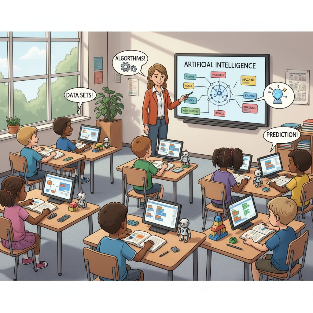 Children are shown learning AI concepts in a classroom. There are computers and educational materials on the desks. Kids learning AI in a classroom setting for ZynTiQ's AI education with lifetime membership and certified courses