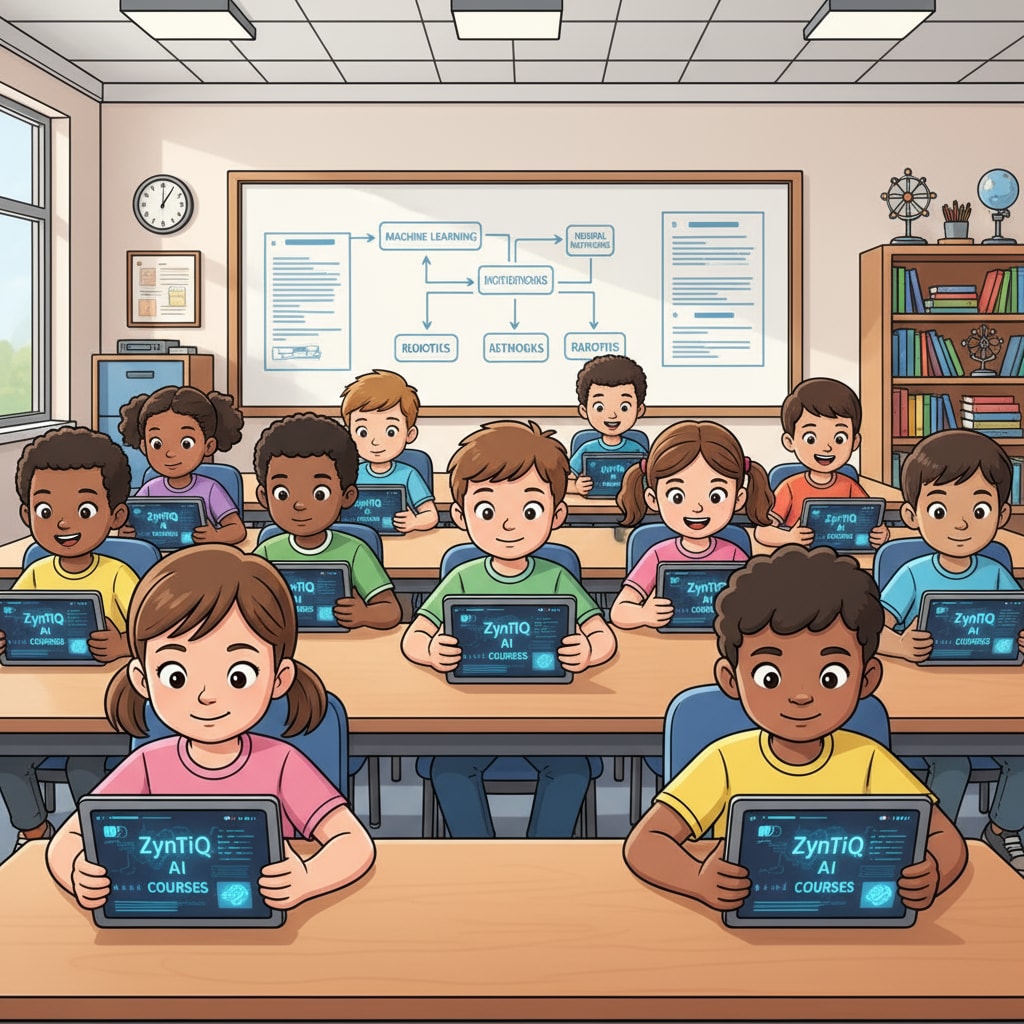 Students are using tablets to access ZynTiQ's AI courses. They look engaged and focused. Students accessing ZynTiQ's AI courses via tablets as part of the lifetime membership with certified courses