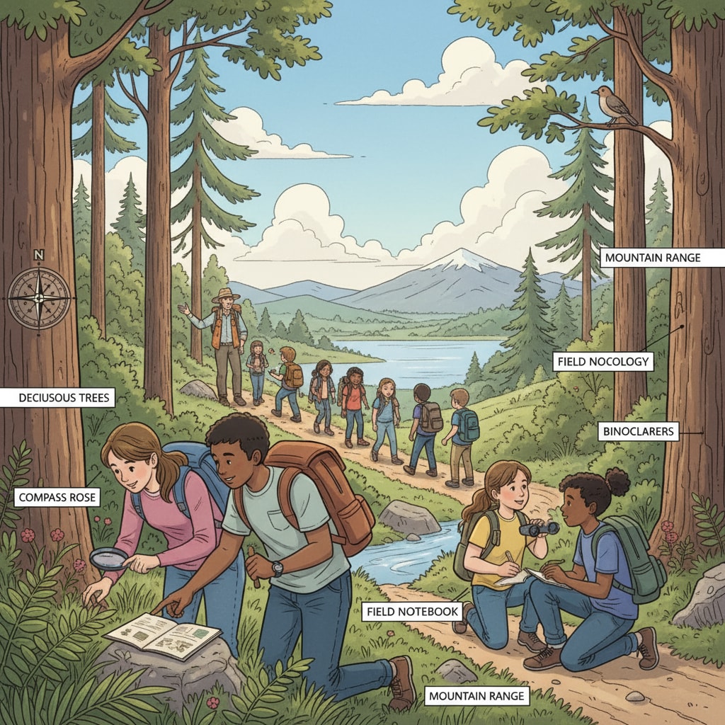 A group of students participating in various outdoor activities such as hiking and nature study, similar to what might be offered in Camp Ramah's outdoor education program. Students engaged in outdoor education activities related to School Contracts, Camp Ramah, and Outdoor Education