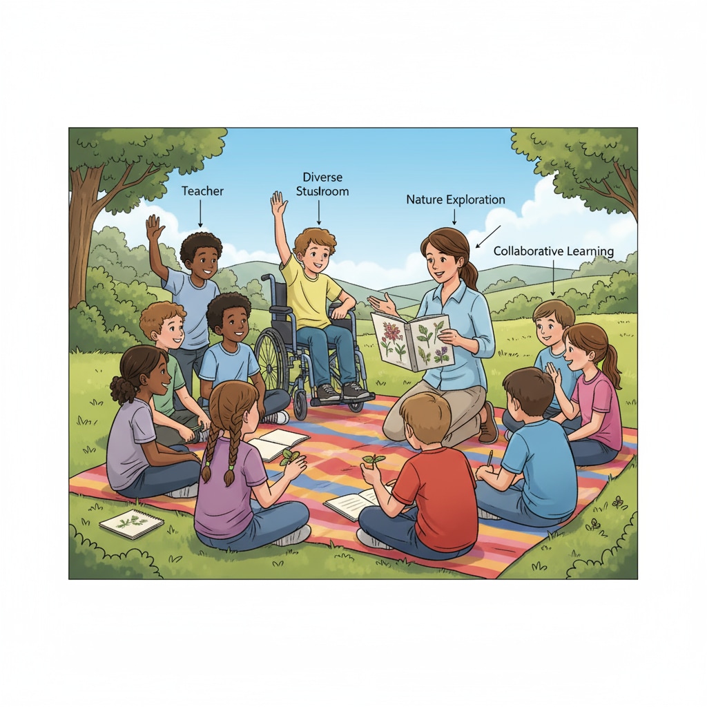 Students of different ethnicities and genders sitting together in a natural outdoor setting, listening to a teacher and interacting with each other, representing an inclusive outdoor learning environment. Inclusive outdoor learning scene related to School Contracts, Camp Ramah, and Outdoor Education