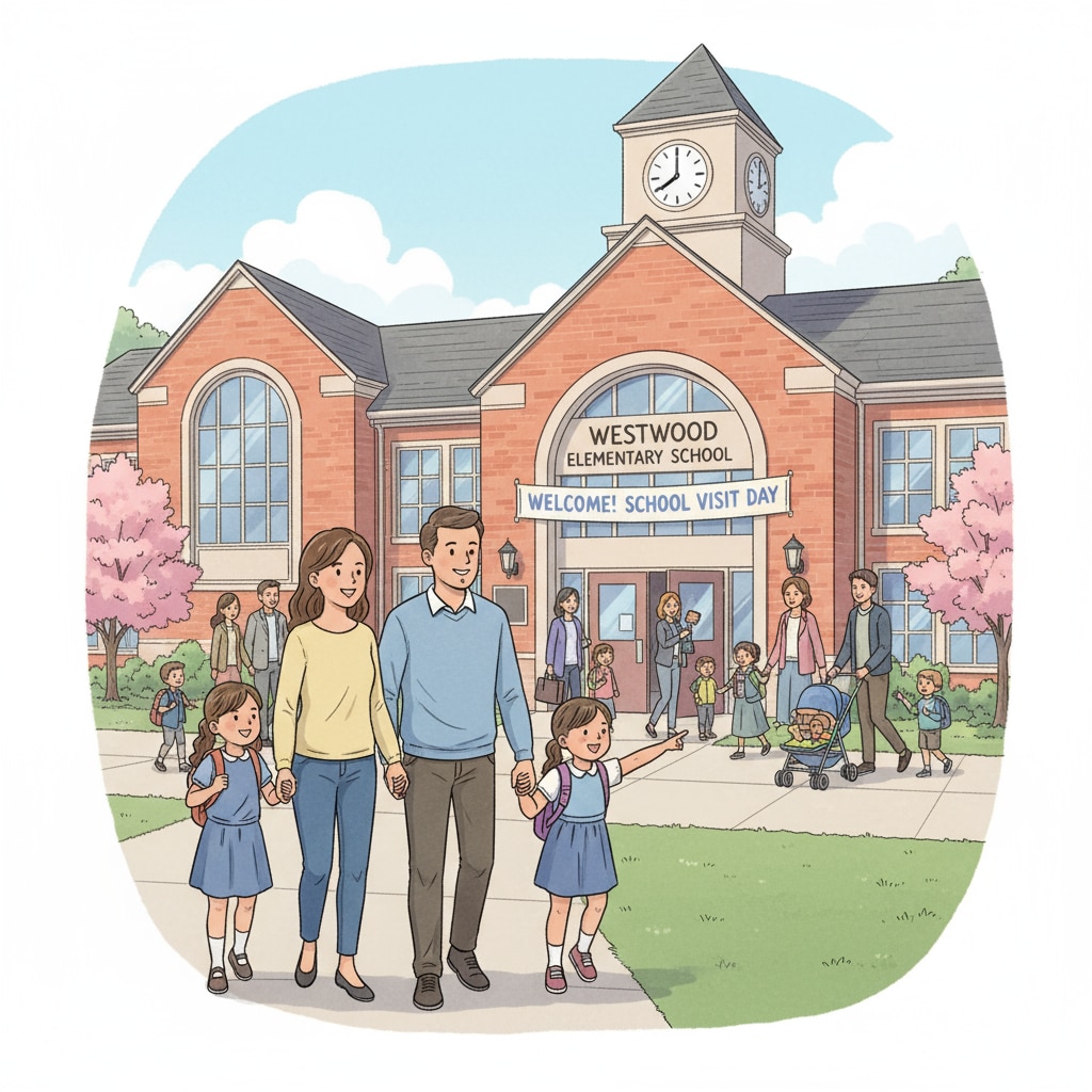 A group of parents and children walking into a public school building, showing the start of a school visit. Parents and children starting a school visit to a public school for educational choice.