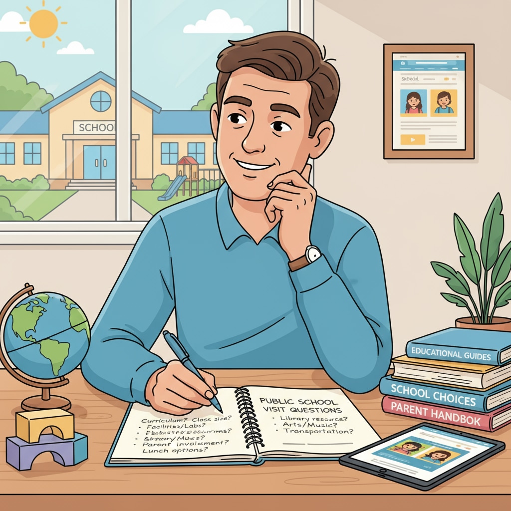 A parent sitting at a table, writing down questions related to a public school they plan to visit. Parent preparing questions for a public school visit as part of the educational choice process.