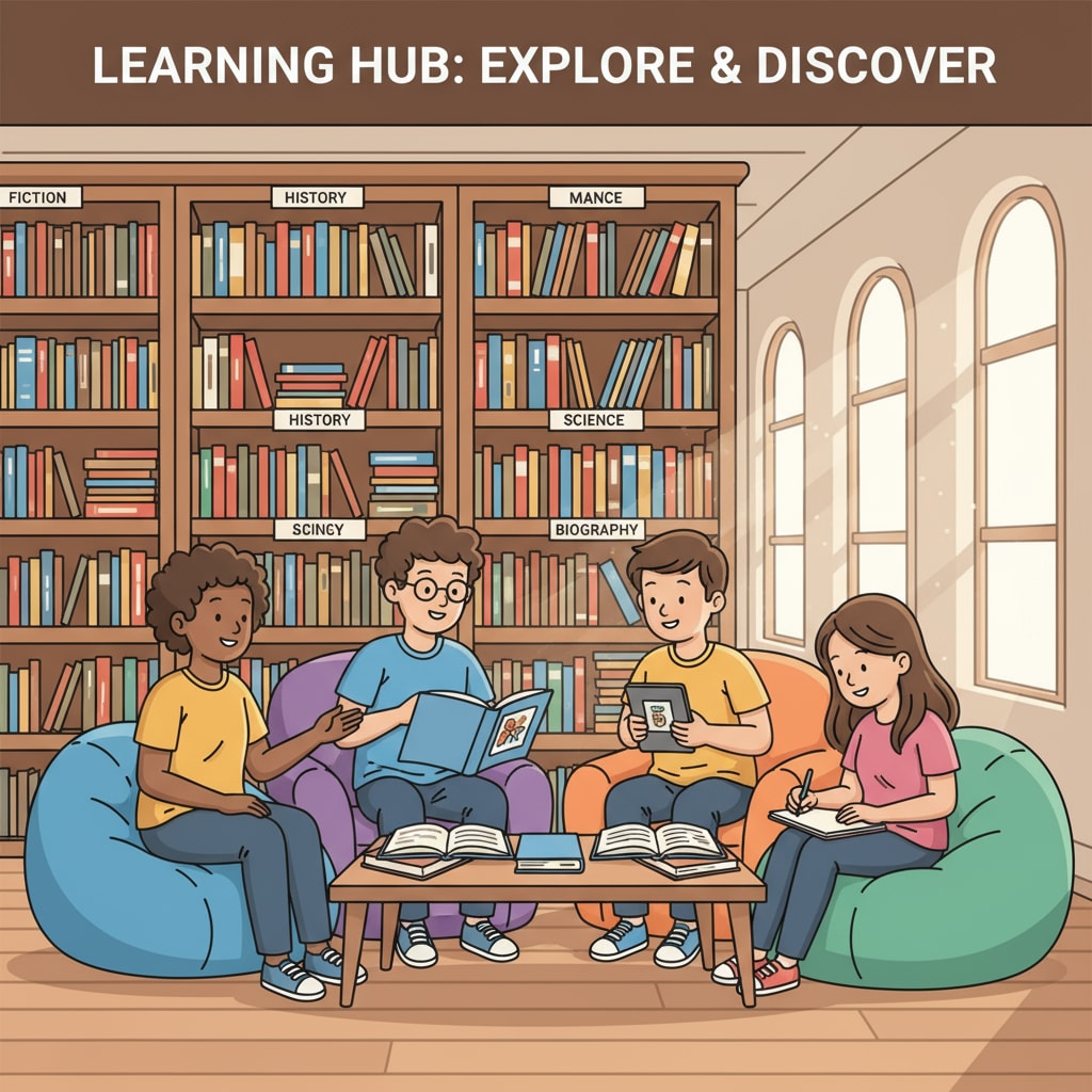 A group of students sitting in a library, looking at bookshelves filled with various literary works. This represents a positive reading environment that is becoming less common among students. Students in a library related to literacy, democracy, and reading habits