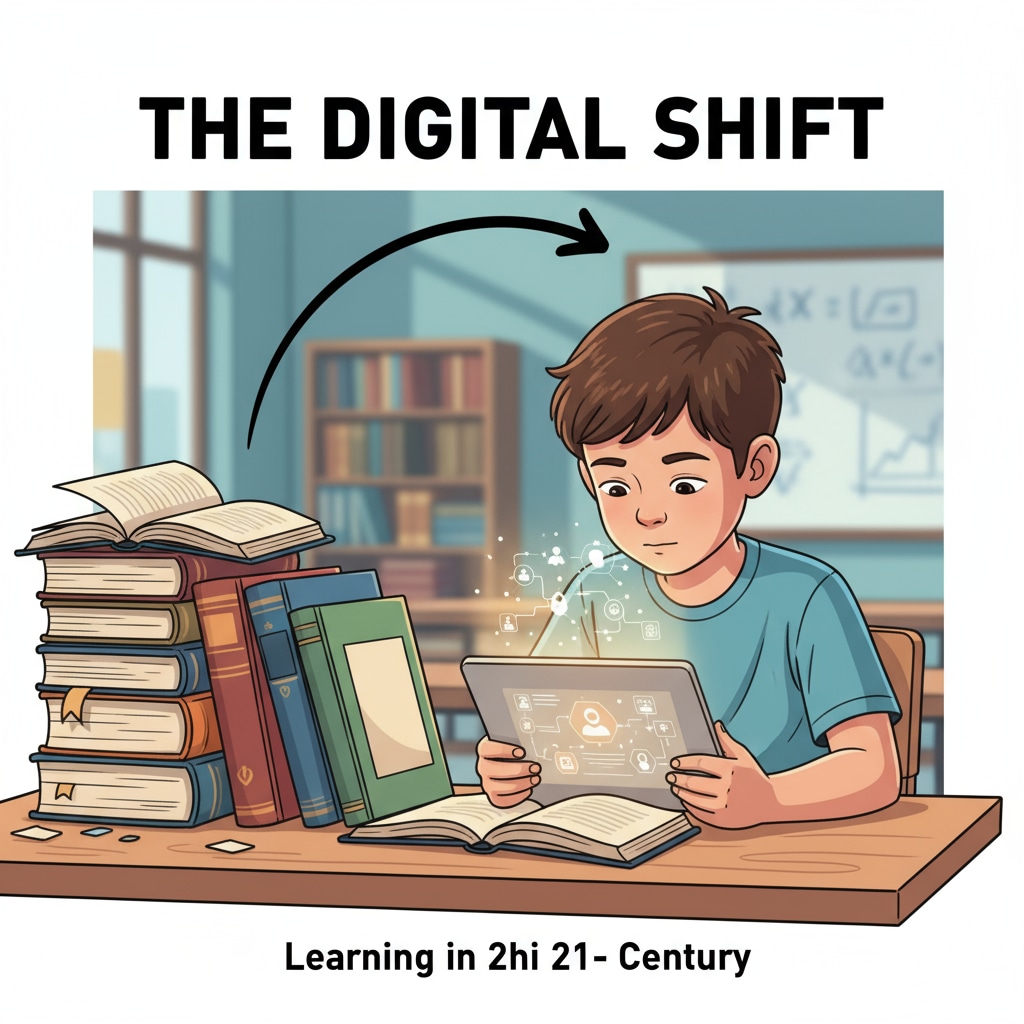 A student using a tablet instead of reading a book, showing the shift away from traditional reading in the digital age. Student using tablet instead of reading book, relevant to literacy, democracy, and reading habits