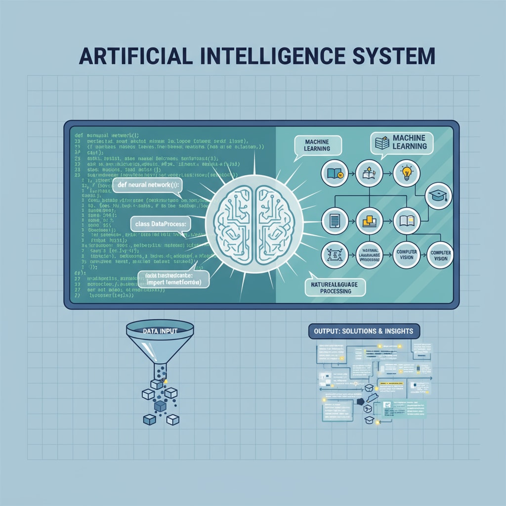 An illustration showing an AI system with lines of code and educational knowledge points being generated on a screen. An illustration of an AI system generating educational knowledge points