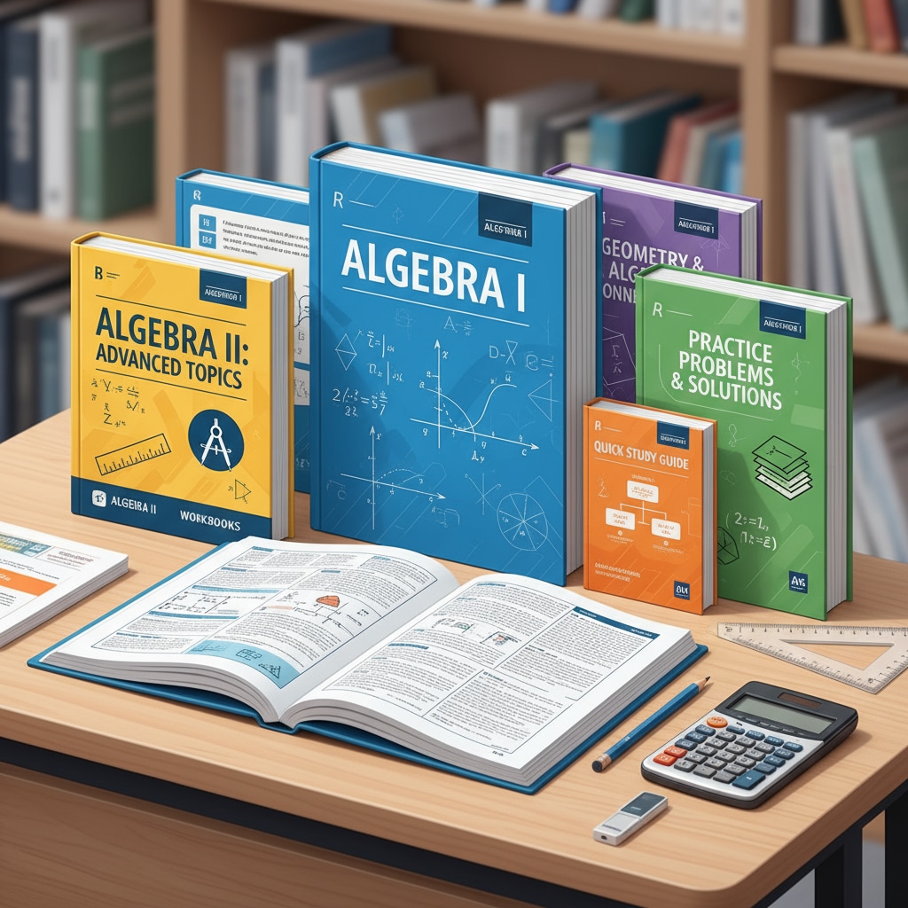 A collection of high school algebra workbooks neatly arranged on a study desk, showing different covers and sizes, indicating a variety of resources for students. High school algebra workbooks on a study desk for basic knowledge review