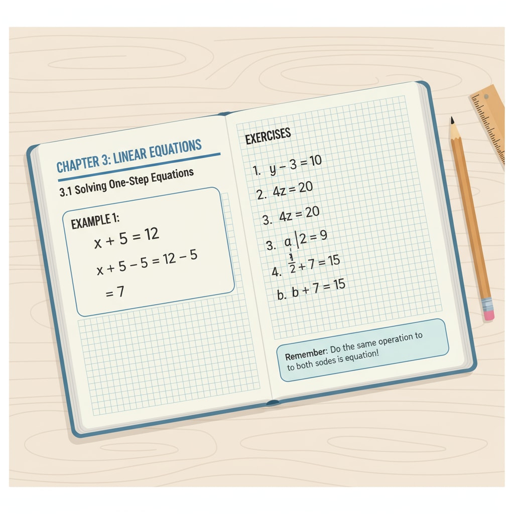 A page from an algebra workbook with equations and examples clearly printed, demonstrating the kind of content students can expect to find in these workbooks. Page from an algebra workbook with equations for high school basic knowledge study
