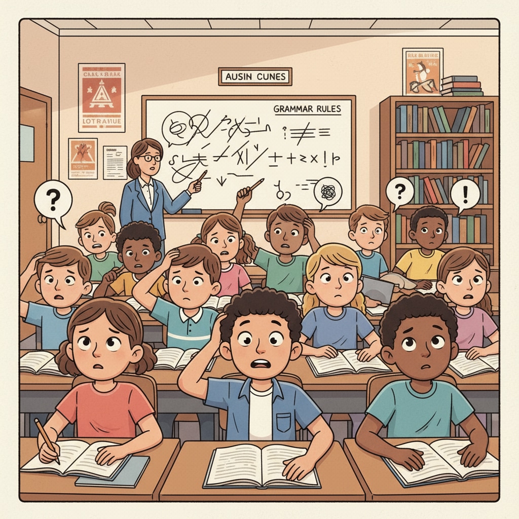 A group of middle school students looking confused in an English classroom, with some scratching their heads and others looking around aimlessly, indicating their difficulty in understanding instructions. Middle school students facing teaching dilemmas of not understanding instructions in an English class related to special education and teaching strategies