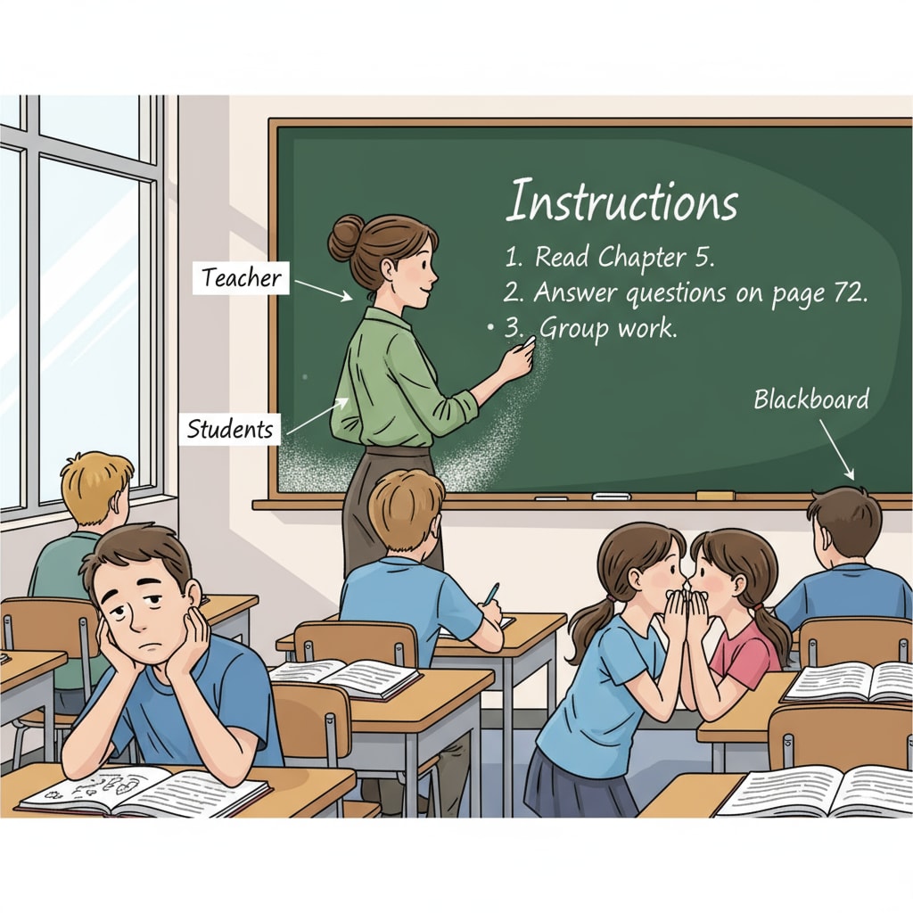 A teacher is writing instructions on the blackboard in a traditional way, while students in the classroom seem disinterested, some are whispering to each other, highlighting the problem of ineffective teaching methods. A scenario showing the teaching dilemma of students not following instructions due to ineffective teaching methods in relation to special education and teaching strategies