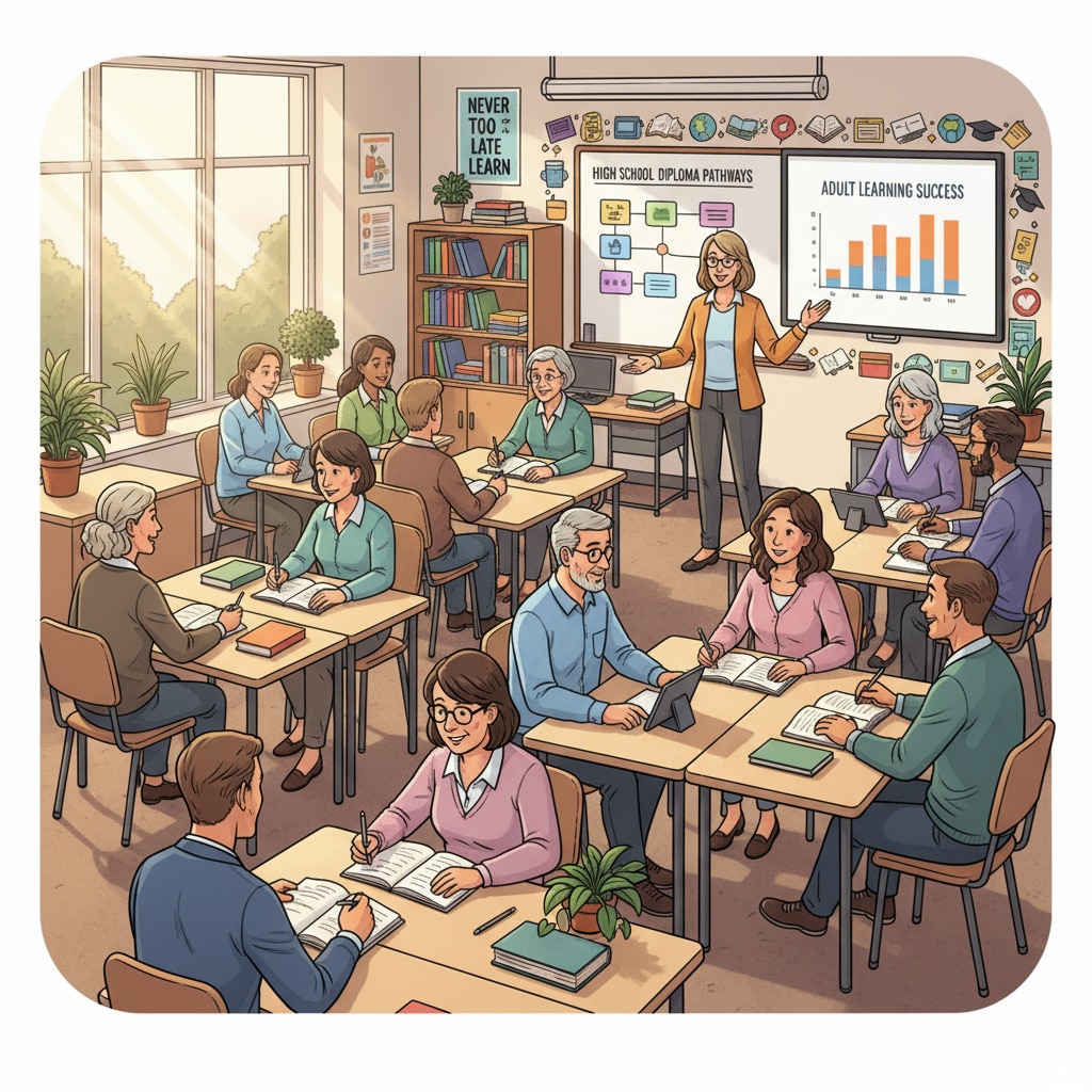 A group of adults of different ages sitting at desks in a classroom, looking engaged in learning. This represents the adult education environment where people come together to pursue their high school diplomas. Adults in an adult education classroom, learning to obtain their high school diplomas with the use of free educational resources.