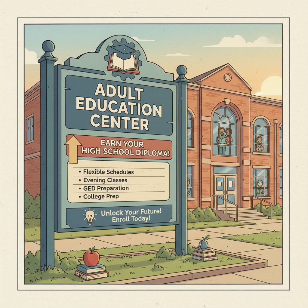 A sign outside an adult education center with information about high school diploma programs. It shows the availability of educational opportunities for adults seeking to complete their high school education. Sign outside an adult education center advertising high school diploma programs, highlighting free educational resources for adults.