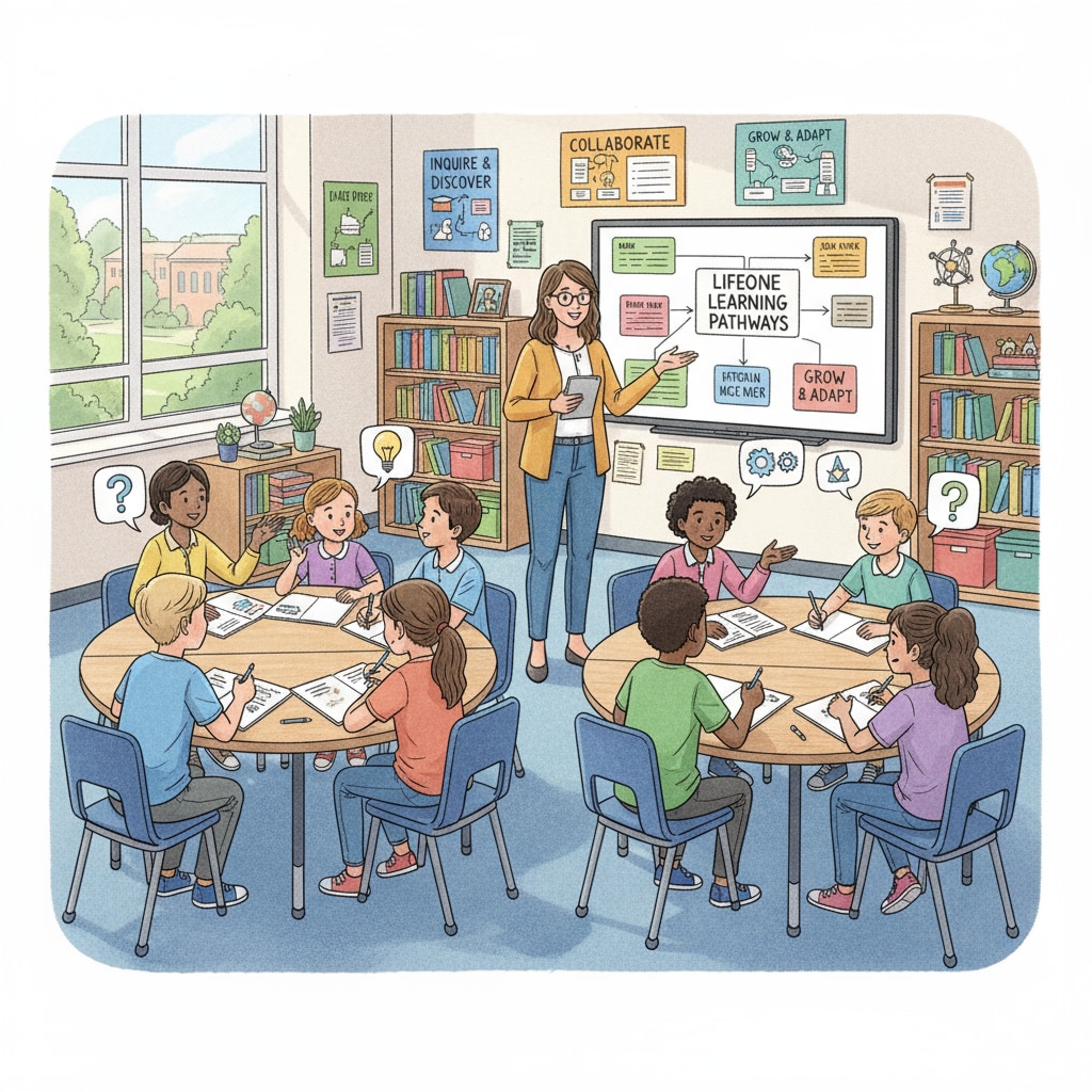 A classroom scene shows students actively participating in discussions, with the teacher guiding them. This represents the active learning environment in K12 education which promotes lifelong learning. Active learning in K12 education contributing to lifelong learning and success