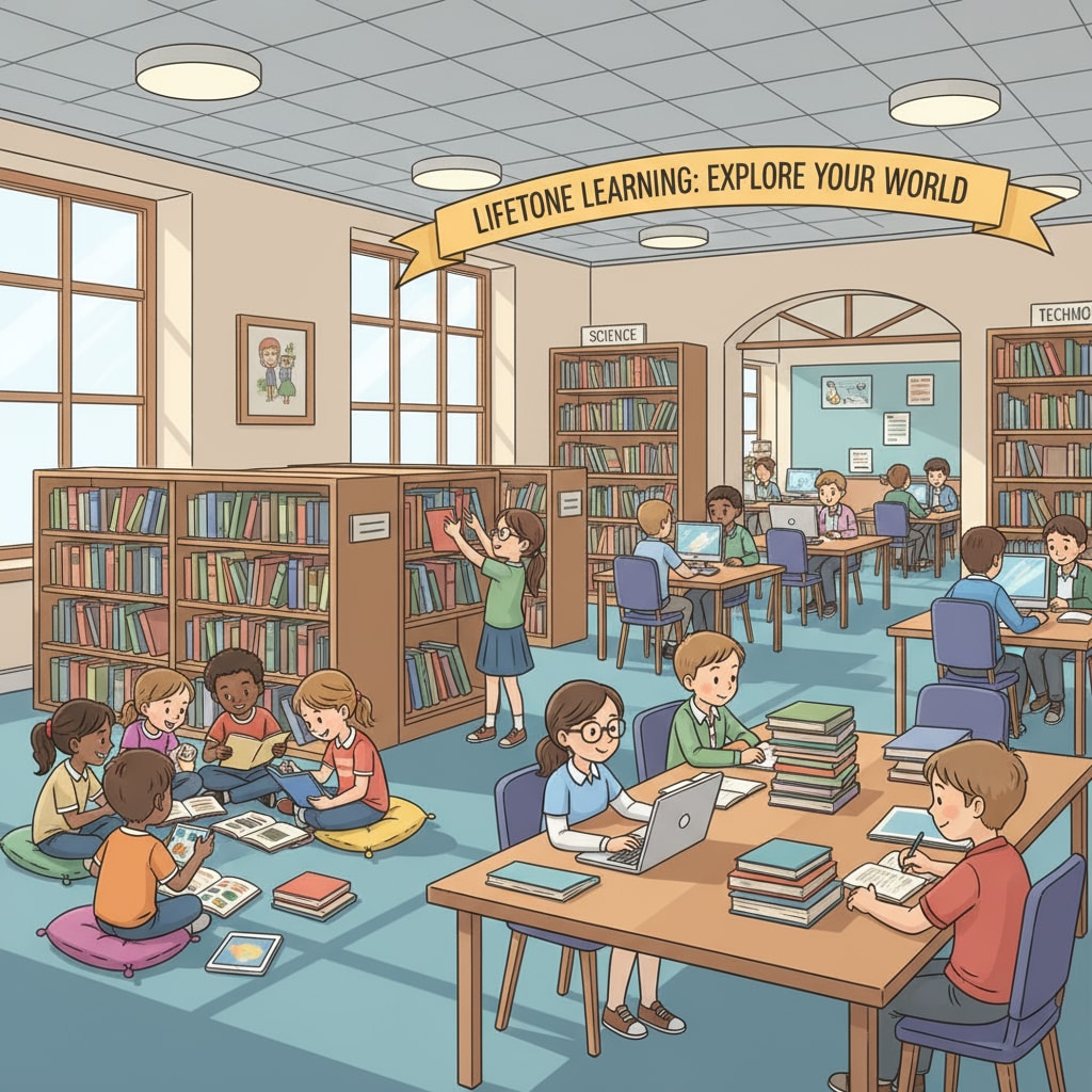 Students are seen browsing through books in a school library, engaged in self-directed learning. This depicts how K12 education provides opportunities for students to develop learning abilities for lifelong learning. Students in a school library developing learning abilities for lifelong learning and success