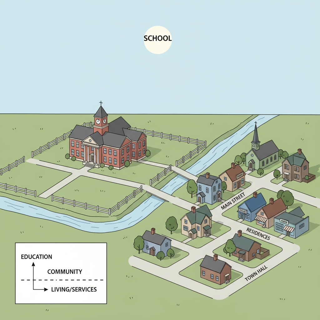 A view of a small town where a school building stands apart from other community structures, showing the visual separation between the school and the community. A visual representation of public schools, community separation, and youth programs in a small town.