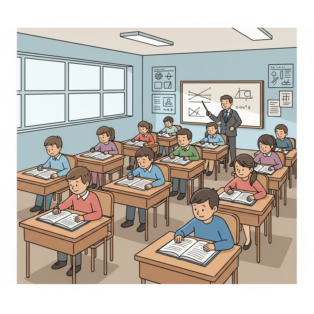 A classroom scene with students sitting at desks, focused on textbooks, and no signs of community-related materials or interactions. Classroom scene depicting the lack of connection between public schools, community, and youth programs.