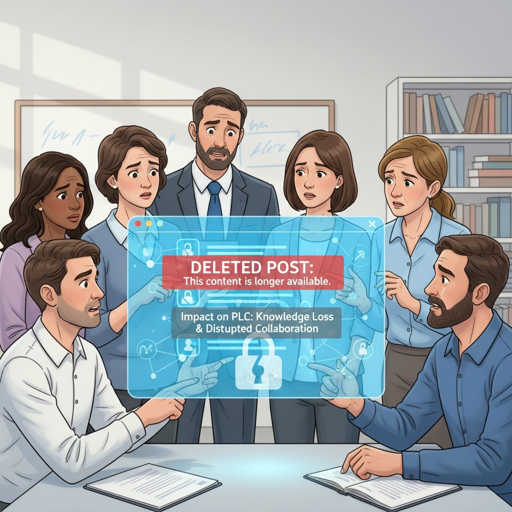 The image depicts educators around a virtual forum, looking worried at a deleted post notice, symbolizing the negative impact of post deletions on PLCs. Educators concerned about post deletion in a PLC forum
