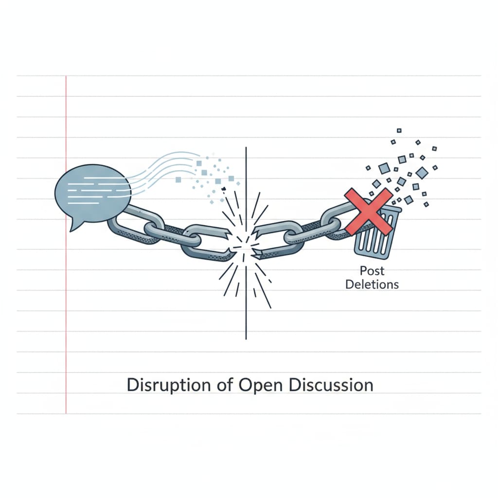 The graphic shows a broken chain representing the disruption of open discussion caused by post deletions. Broken chain of open discussion due to post deletions