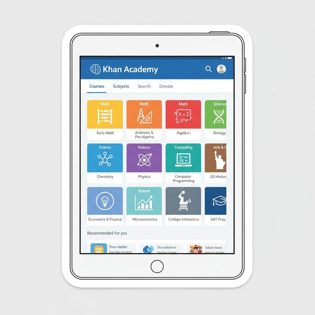 A screenshot showing the interface of Khan Academy with different courses visible. Khan Academy website for autistic students' high school learning