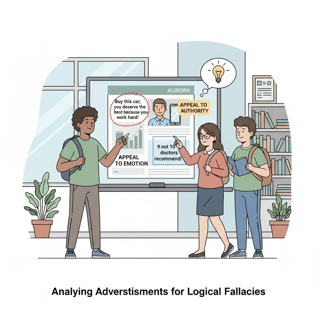 A group of students is engaged in a discussion about an advertisement. Some parts of the advertisement are marked to show examples of logical fallacies, such as a statement that appeals to emotion rather than logic. Students analyzing logical fallacies in an advertisement