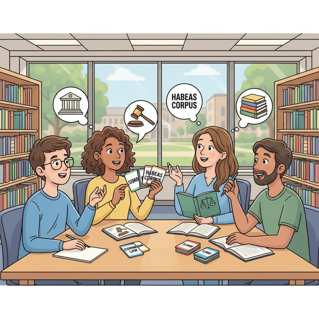 A group of students sitting around a table, using flashcards to quiz each other on legal concepts. This shows the practical application of flashcards in a study group setting. Students using flashcards for legal learning in a group