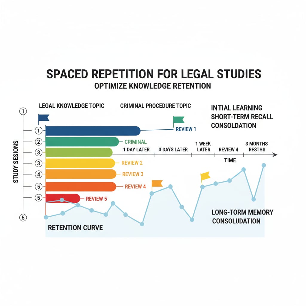 A visual representation of the spaced repetition schedule, with different intervals marked for reviewing legal knowledge. This helps to illustrate how spaced repetition works in legal learning. Spaced repetition schedule for legal learning