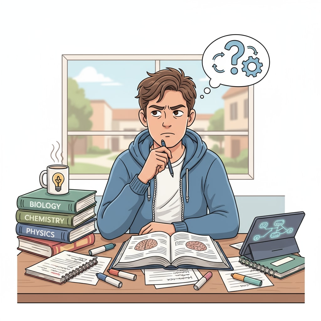 A student is sitting at a desk, surrounded by textbooks and notebooks. They are looking at their materials with a thoughtful expression, trying to figure out a more effective way to study. A student trying to improve study methods related to self-education, high school grades, and life planning