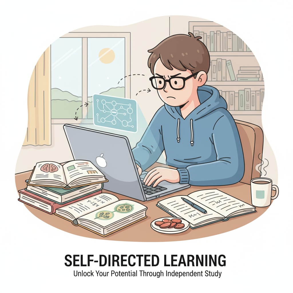 A person is sitting in front of a laptop, with several books open beside them. They are intently studying the screen, absorbed in self-education. A person engaged in self-education for high school improvement and life planning