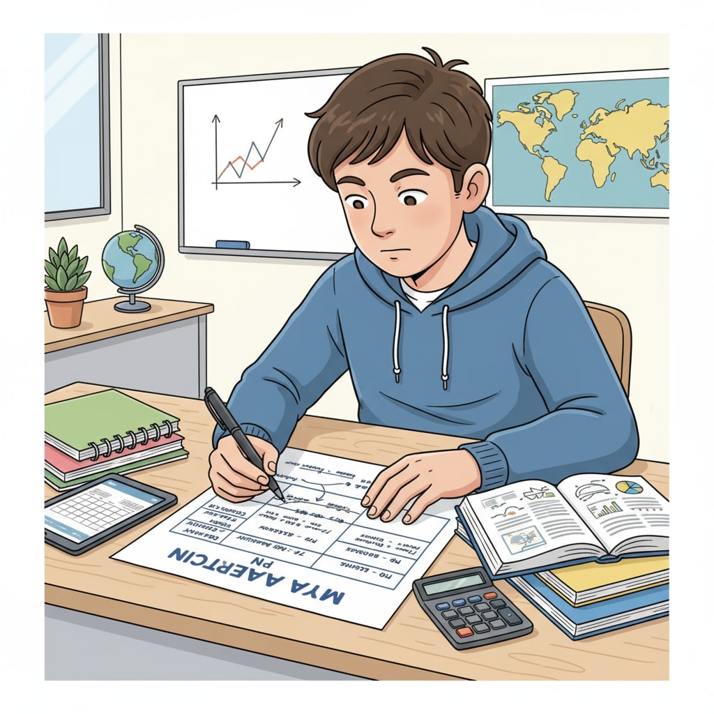 A student sitting at a desk, with a pen in hand, writing down a detailed study schedule on a piece of paper, representing the creation of a personalized learning plan for high school academic improvement. Student creating personalized learning plan for high school academic recovery and key skills development