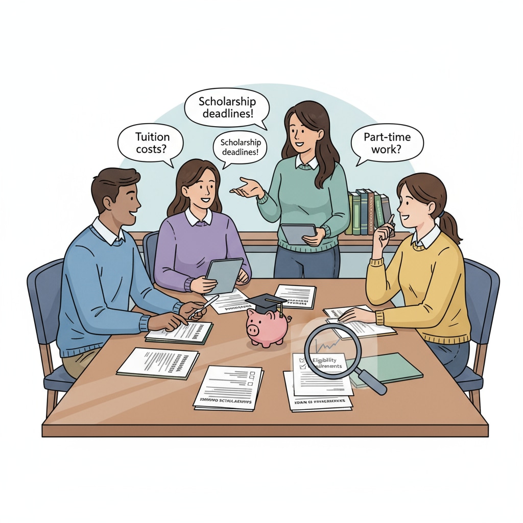 A group of students sitting around a table, looking at documents related to financial aid for nursing courses, discussing their options. Students discussing FAFSA and federal aid for nursing prerequisite courses with associate degrees.