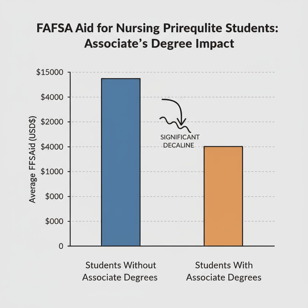 A bar graph comparing the amount of FAFSA aid received by students without associate degrees and those with associate degrees applying for nursing prerequisites, showing a significant decline for the latter group. Graph depicting the difference in FAFSA aid for students with and without associate degrees applying for nursing prerequisite courses.
