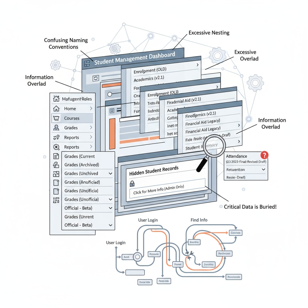 An illustration of a complex school information system interface with confusing menus and hidden information, representing the usability issues. School information system interface with usability problems related to parent communication and information management