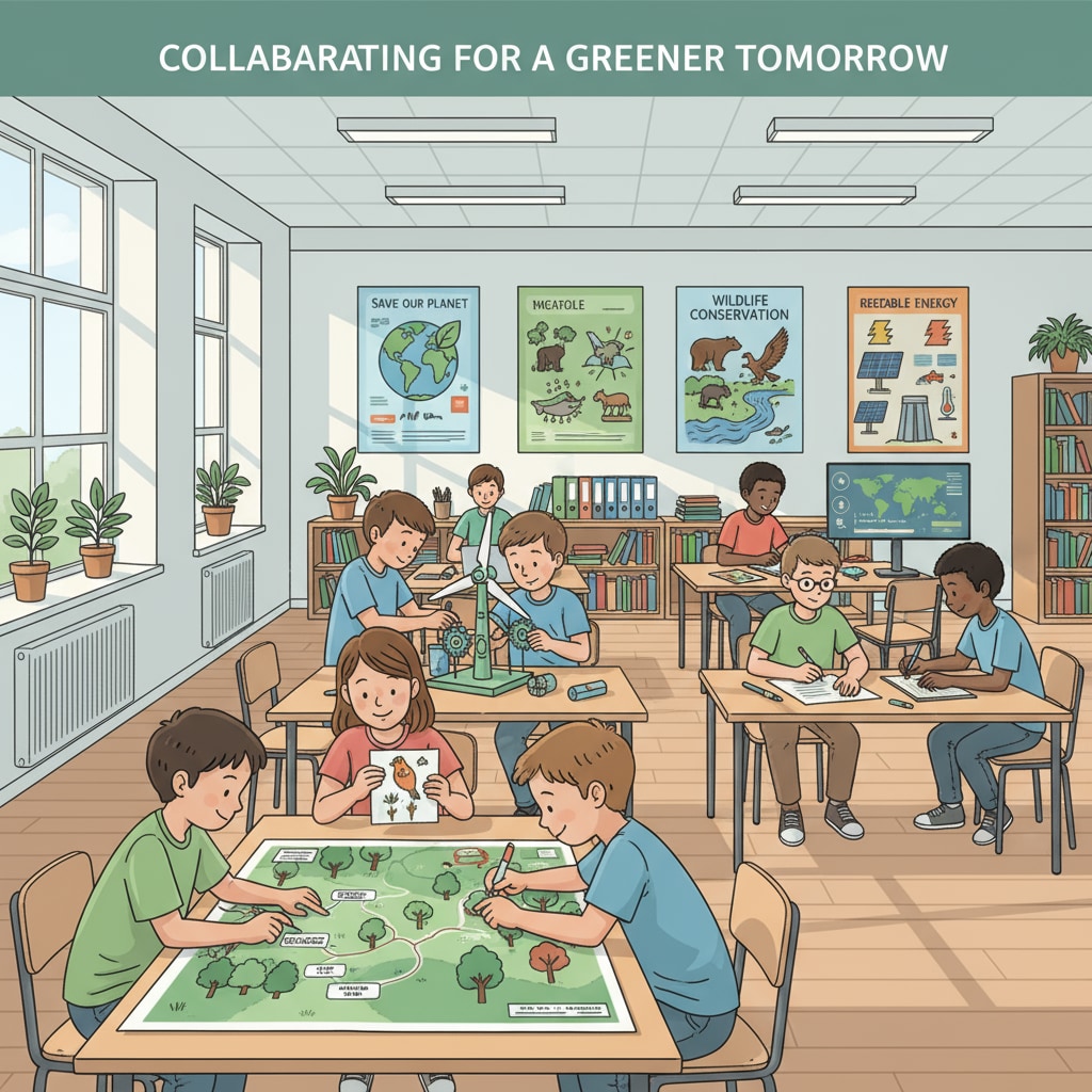 Students in a classroom are working together on an environmental project, with posters about nature and conservation on the walls. K-12 students engaged in conservation education project in the classroom