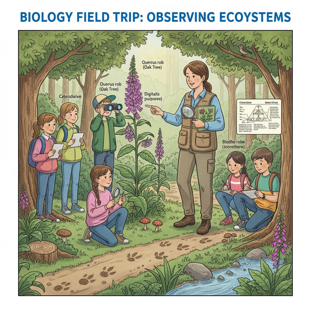 A group of students of various ages are on a field trip to a nature reserve, observing plants and animals with the guidance of a teacher. K-12 students on a nature reserve field trip as part of conservation education