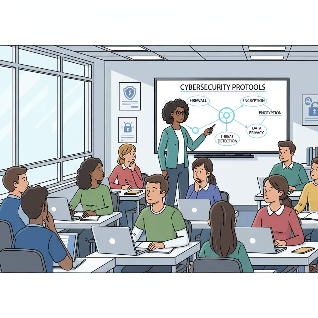 Students are attentively listening to a lecture about cybersecurity in a classroom setting, with an educator at the front. Students engaged in a cybersecurity lecture, highlighting the importance of student engagement in cybersecurity education.