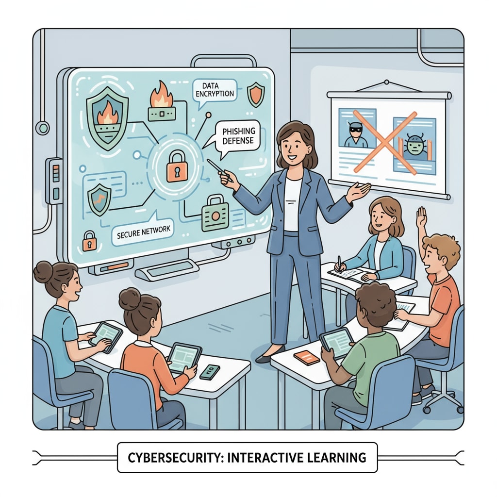 An educator is using interactive tools such as a touchscreen and visual aids to teach students about cybersecurity, showcasing an effective teaching method. An educator using interactive tools for cybersecurity teaching, emphasizing effective engagement strategies in cybersecurity education.