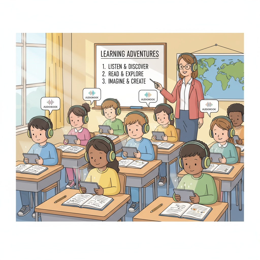 Students are sitting in a classroom, wearing headphones and listening attentively to audiobooks on their devices, with textbooks open on their desks. Students listening to audiobooks in a middle school Chinese education setting to enhance reading abilities.