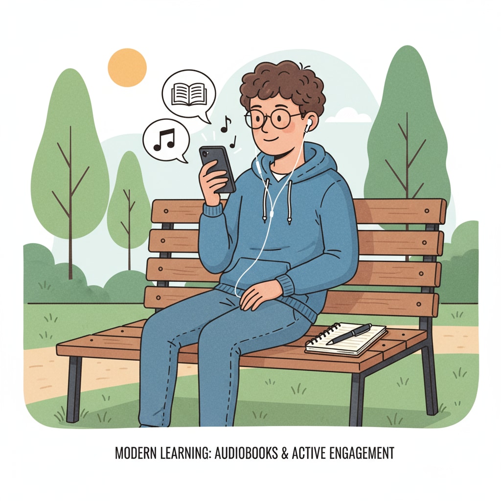 A single student is sitting on a bench, using a mobile phone to listen to an audiobook, with a pen and notebook beside them, ready to take notes. A student utilizing an audiobook for Chinese language learning to improve reading skills in a middle school education context.