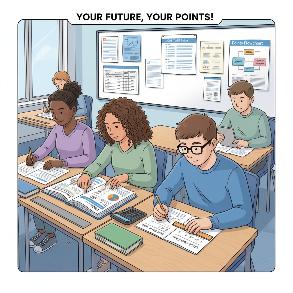 Students are seen poring over books and papers, calculating their potential UCAS points from different academic achievements. Students calculating UCAS points after A-Level