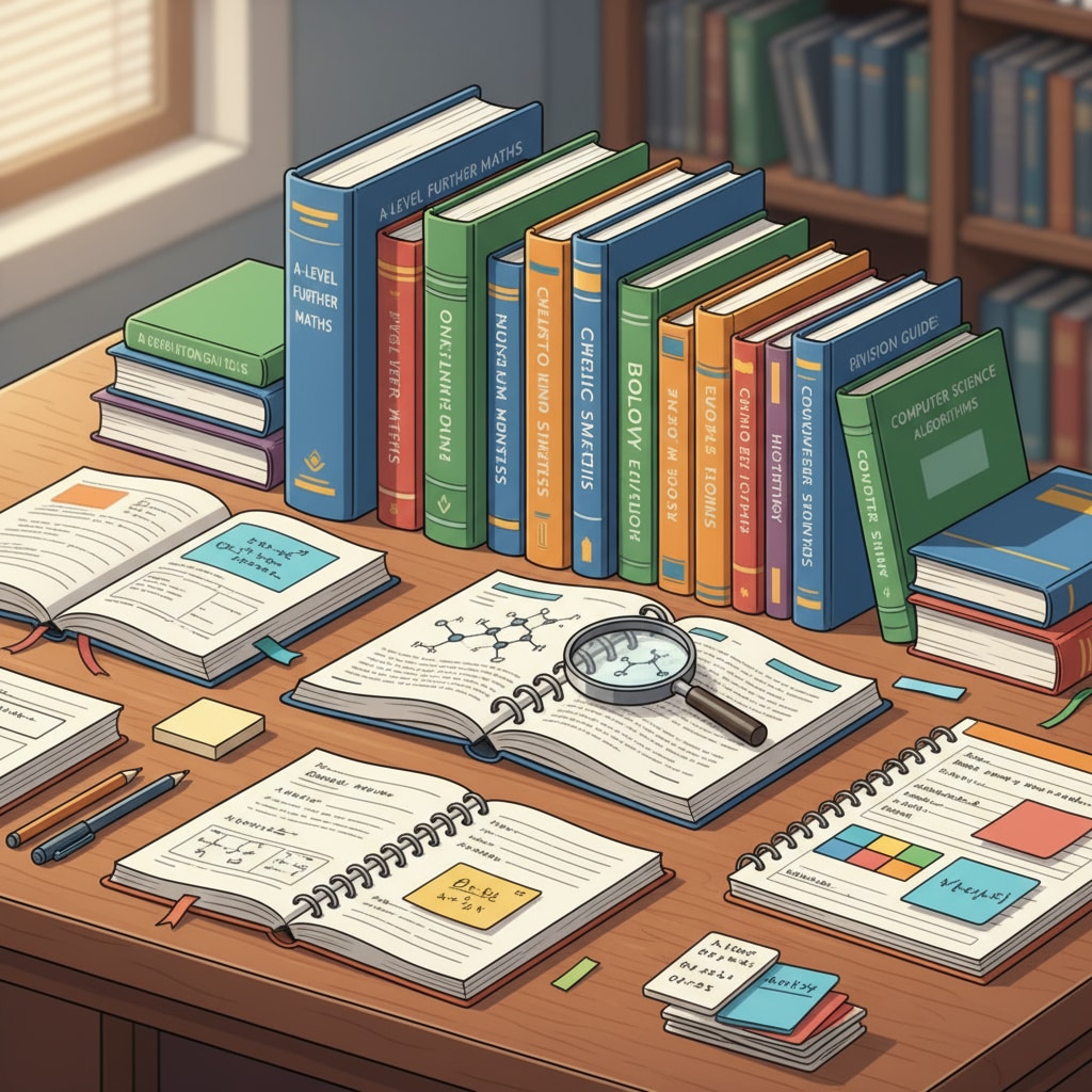 A collection of books and study materials related to additional A-Level subjects, showing textbooks and revision guides. Study materials for boosting UCAS points with extra A-Level subjects