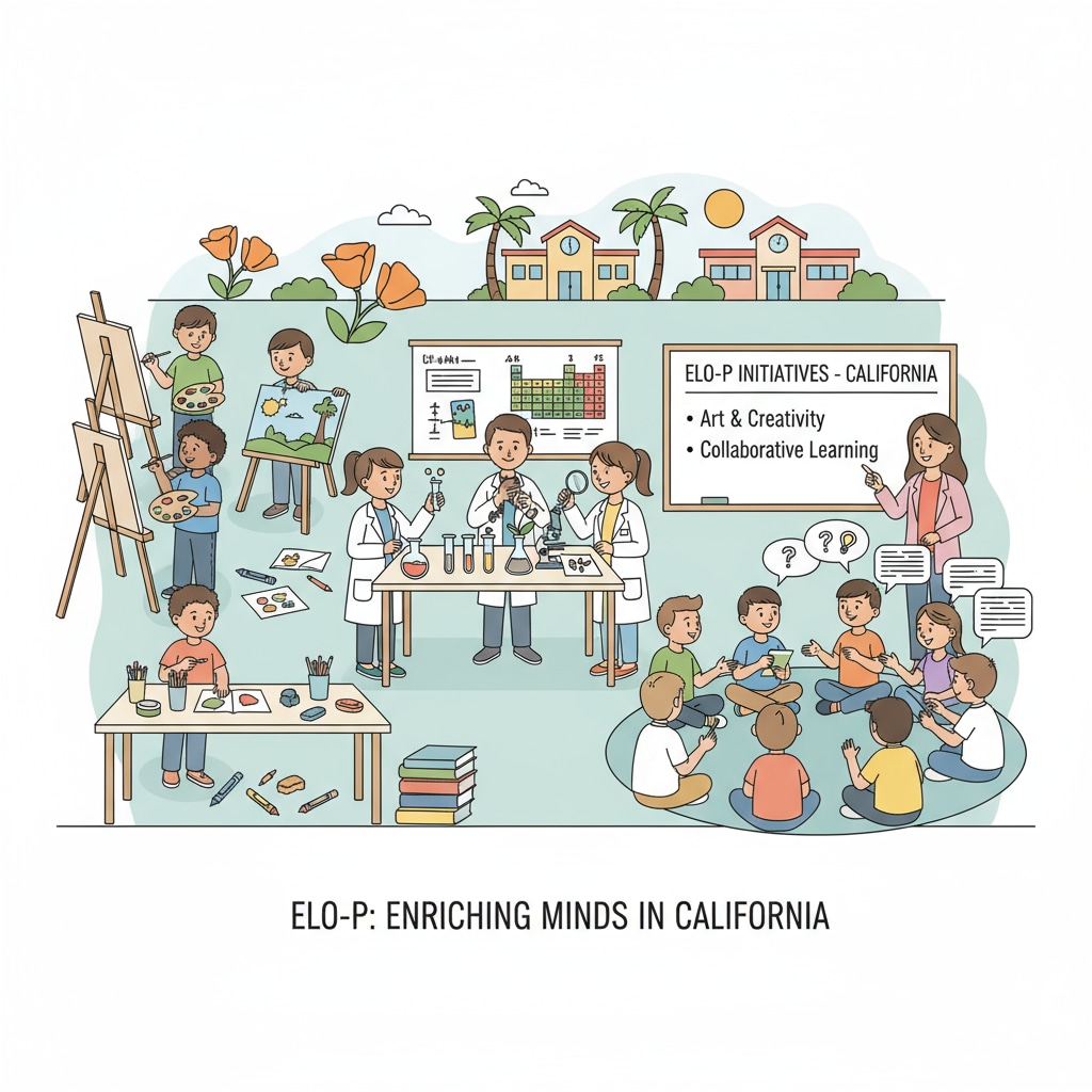 A group of students are seen participating in various learning activities such as art, science experiments, and group discussions, which are part of the ELO-P initiatives in California schools. Students engaged in learning activities under California's Expanded Learning Opportunities Program (ELO-P)