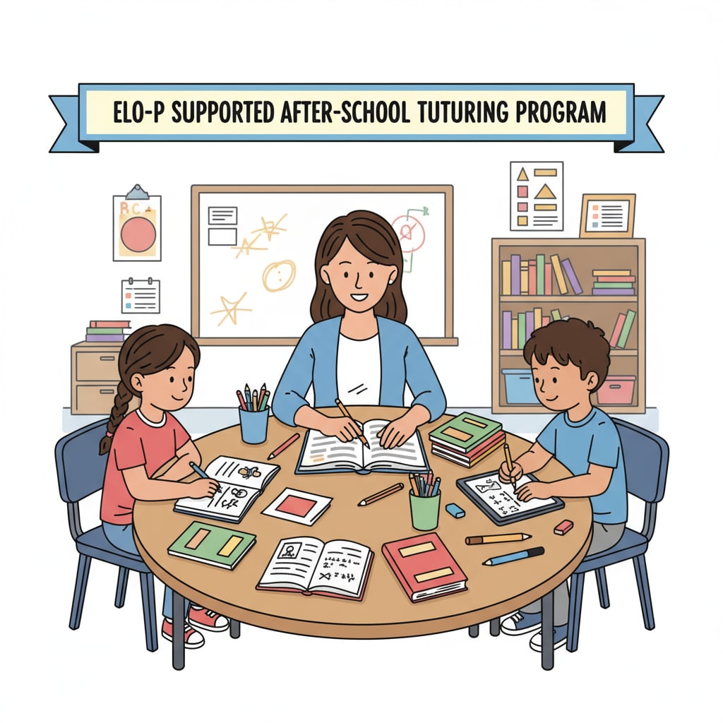A teacher is tutoring a small group of students during after-school hours. The students are focused on their studies, with textbooks and notebooks in front of them, as part of the ELO-P supported after-school tutoring program. Students receiving tutoring during after-school hours as part of California's Expanded Learning Opportunities Program (ELO-P)