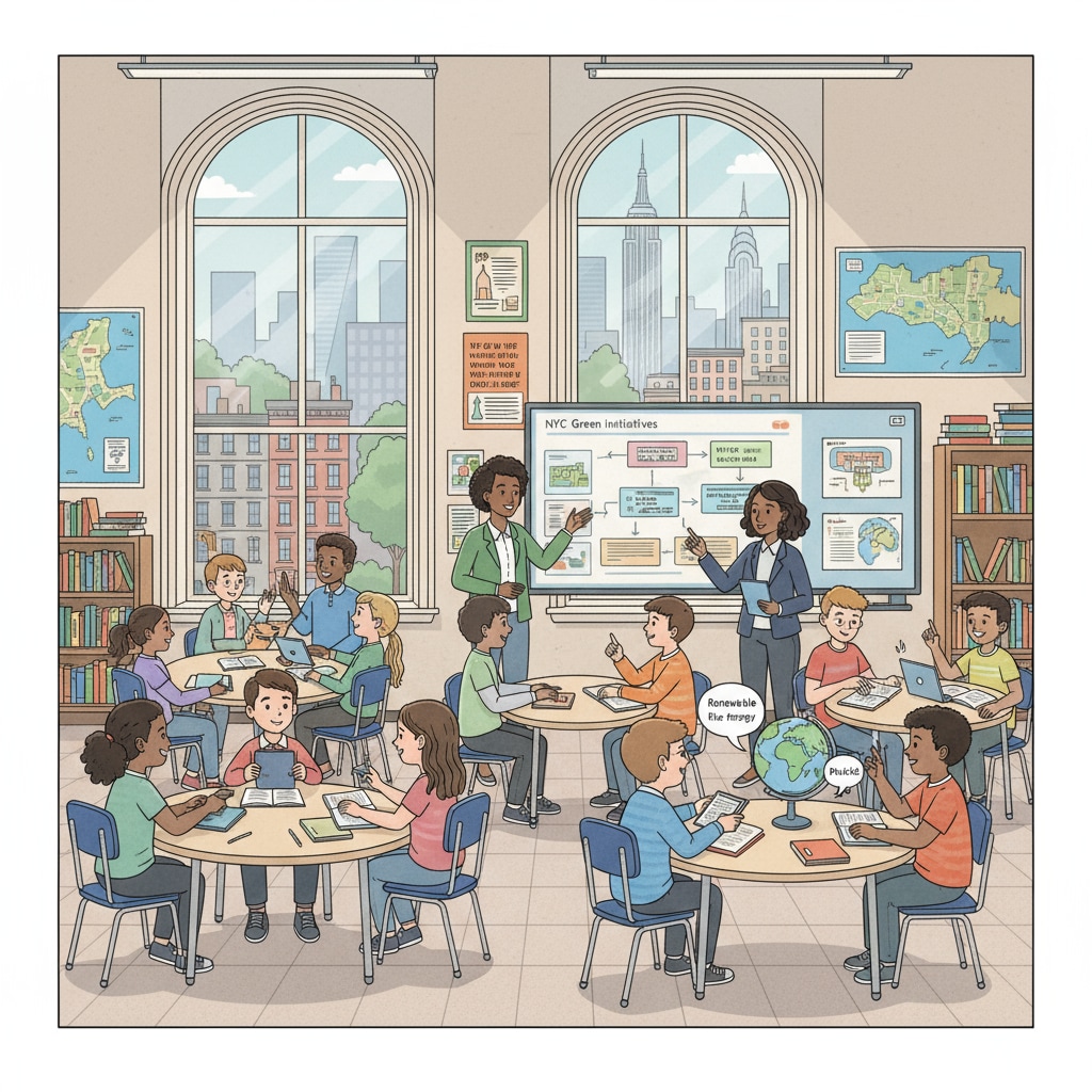A group of students and teachers are having an in-depth discussion in a classroom in New York City, which reflects the educational activities within the NYC DOE. Students and teachers discussing in a New York City classroom related to urban education virtual interviews