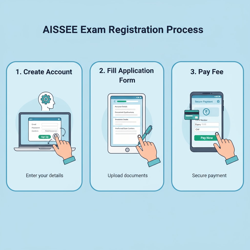 A visual representation of the steps involved in registering for the AISSEE exam, including creating an account, filling the form, and paying the fee. Steps to register for the AISSEE entrance exam of Sainik School