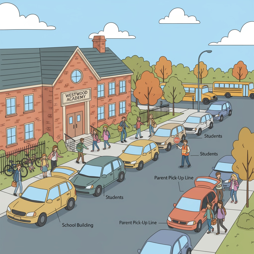 A busy street outside a small town school during pick-up time with cars lined up waiting to pick up students. School pick-up time traffic congestion in a small town
