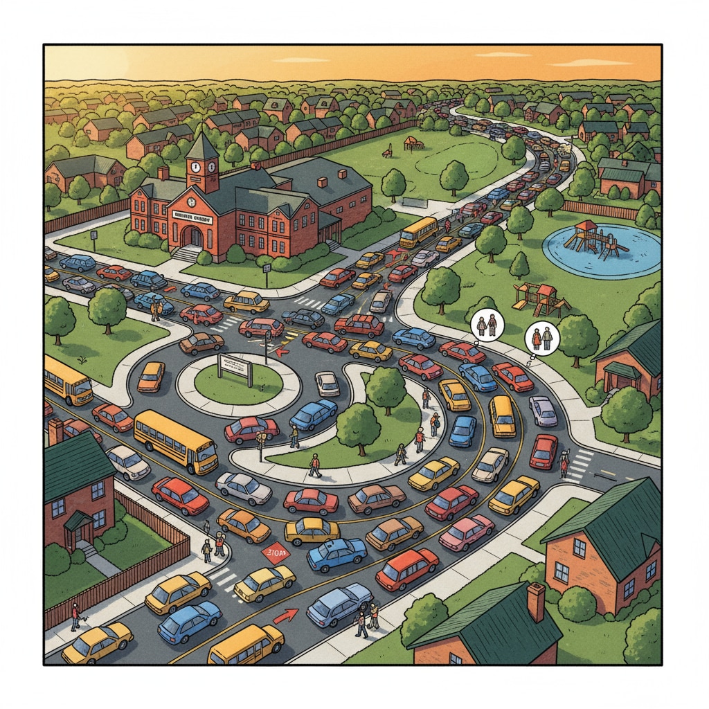 An aerial view of a congested road near a small town school with cars bumper to bumper, showing the traffic chaos during school drop-off or pick-up. Congested traffic near a small town school during school drop-off or pick-up