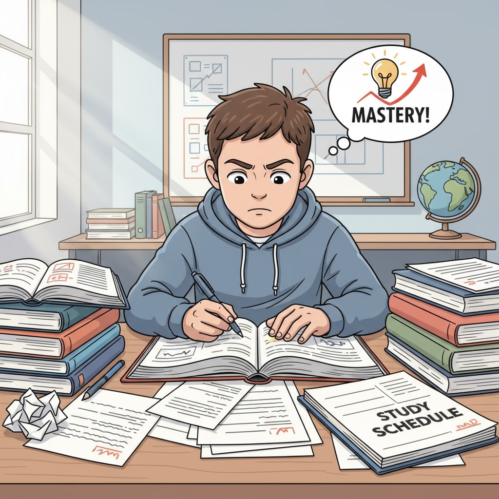 A student is sitting at a desk, looking determined. There are books and papers related to academic studies scattered around, indicating their focus on learning and self-improvement after academic failure. A determined student preparing for academic success after facing failure