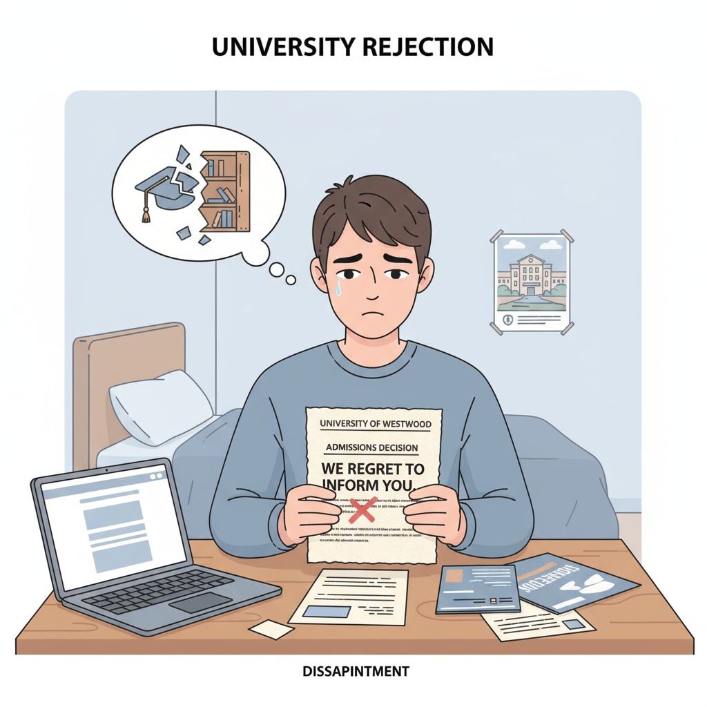 A person is looking at a rejection letter from a university with a sad expression. This represents the emotional impact of university application rejections on students. A person reacting to a university application rejection