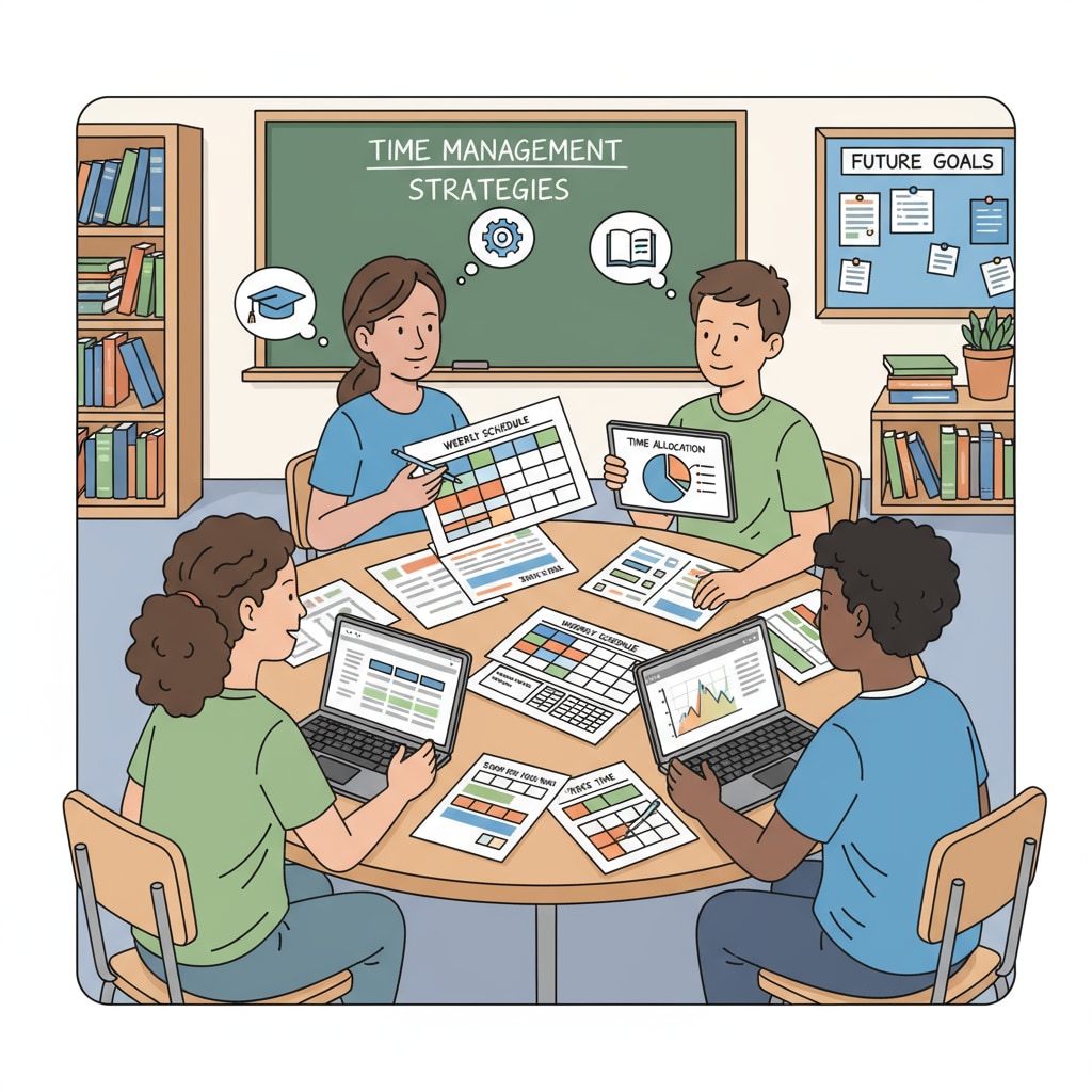 A group of K12 students are gathered around a table, looking at schedules and discussing how to manage their internship and study time. K12 students discussing internship and study schedules for better time management