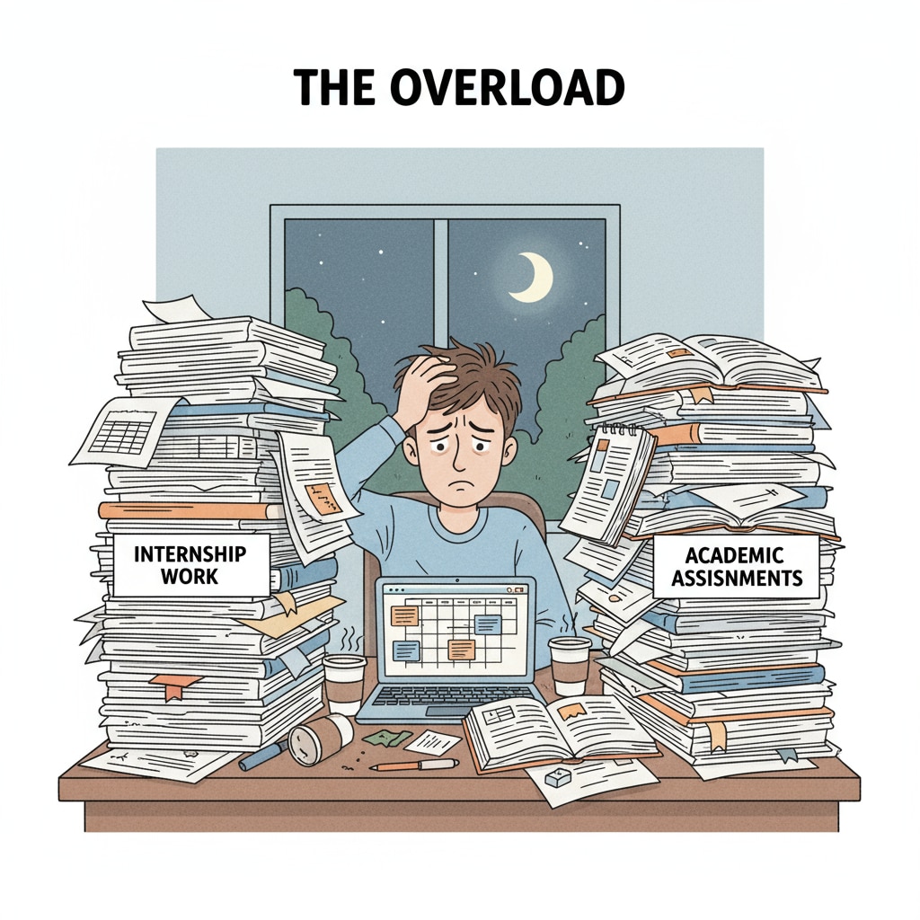 A student is sitting at a desk with piles of internship work and academic assignments, looking worried and stressed. A stressed student trying to balance internship work and academic assignments