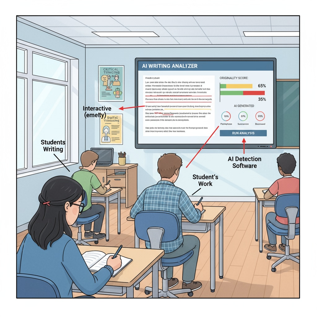 A classroom scene where students are writing, with a computer screen showing an AI detection tool interface A classroom with students writing and an AI detection tool on display